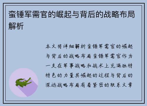 蛮锤军需官的崛起与背后的战略布局解析